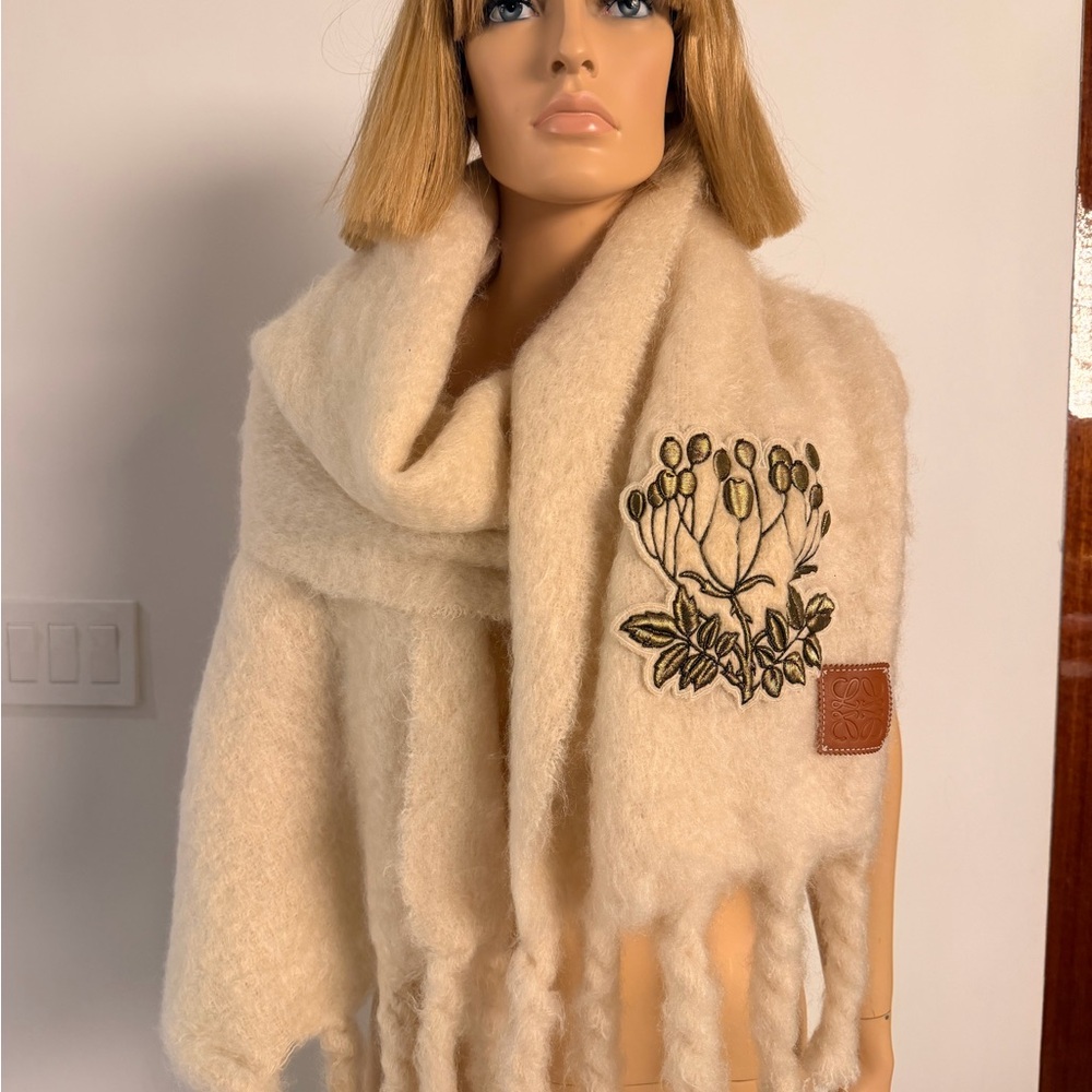 Loewe Cream Embroidered Fringe Scarf - Women Accessories
